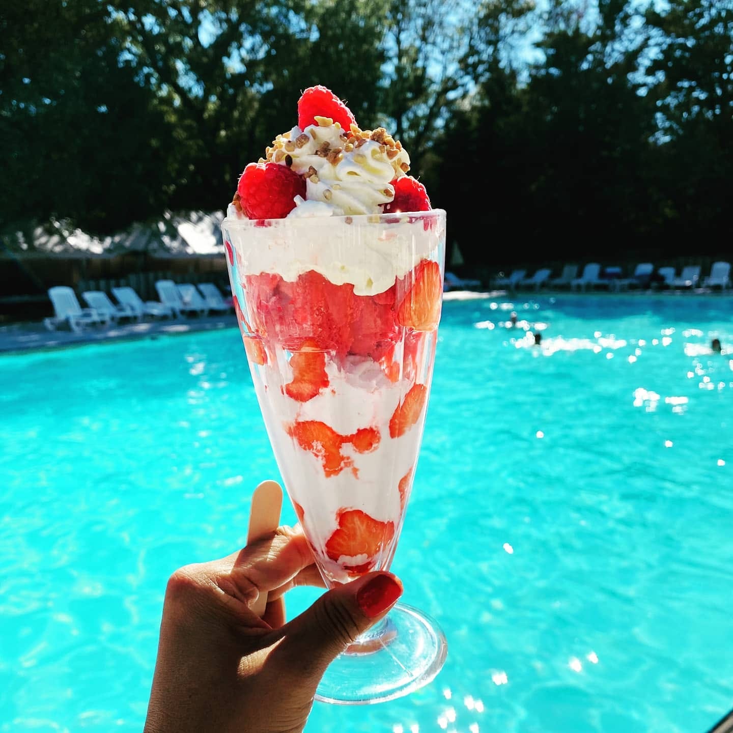 Coupe fraises chantilly au bord de la piscine
